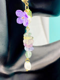 Gold Natural Fluorite Purple Sakura Cherry Blossom Flower Charm Earrings, Natural Gemstone and Pearl, E7334