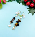 Gold Natural Tiger Eye White Sakura Cherry Blossom Flower Charm Earrings, Natural Gemstone and Pearl, E7335