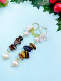 Gold Natural Tiger Eye White Sakura Cherry Blossom Flower Charm Earrings, Natural Gemstone and Pearl, E7335