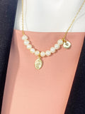 Virgin Mary Necklace, Natural Pearl Bar Necklace with Gold Mary Medallion Charm, N7289
