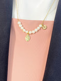 Virgin Mary Necklace, Natural Pearl Bar Necklace with Gold Mary Medallion Charm, N7289