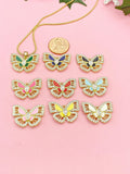 Green Butterfly Pendant Necklace, Gold Enamel Butterfly on 304 Stainless Steel Chain, N7298