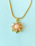 Sunburst Pink Opal Inspired Pendant Necklace, Gold Sun Charm on 304 Stainless Steel Chain, N7304P
