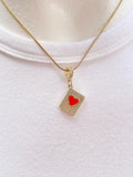Diamond Frame Heart Pendant Necklace, Gold Red Heart Charm on Snake Chain, N7305