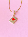 Diamond Frame Heart Pendant Necklace, Gold Red Heart Charm on Snake Chain, N7305