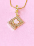 Diamond Frame Pink Heart Pendant Necklace, Gold Heart Charm on Snake Chain, N7306