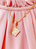 Diamond Frame Pink Heart Pendant Necklace, Gold Heart Charm on Snake Chain, N7306