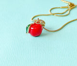 Red Apple Pendant Necklace, Gold Fruit Charm on 304 Stainless Steel Chain, N7308