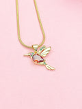 Hummingbird Pendant Necklace, Gold Gemstone Bird Charm on Snake Chain, N7313