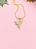 Hummingbird Pendant Necklace, Gold Colorful Gemstone Bird Charm on Snake Chain, N7314