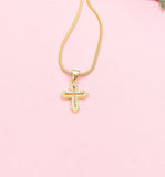 Gemstone Cross Pendant Necklace, Gold Cubic Zirconia Charm on Snake Chain, N7318
