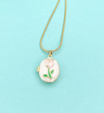 Gold Pink Tulip Enamel Oval Locket Necklace, N7319