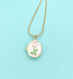 Gold Pink Tulip Enamel Oval Locket Necklace, N7319