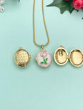 Gold Pink Tulip Enamel Oval Locket Necklace, N7319