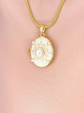 Gold Pearl Flower Oval Locket Necklace, Charm on Snake Chain, N7322