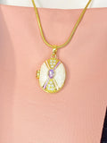 Gold Purple Enamel Gem Oval Locket Necklace, Charm on Snake Chain, N7323