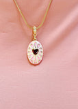 18K Gold Plated Oval Pendant Necklace, Gold Pink Zirconia Heart Sunburst Enamel Charm, 7349