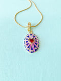 18K Gold Plated Oval Pendant Necklace, Gold Zirconia Heart Sunburst Purple Blue Enamel Charm, 7351