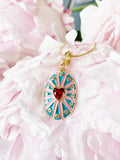 18K Gold Plated Oval Pendant Necklace, Gold Zirconia Heart Sunburst Enamel Charm, 7350