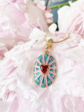 18K Gold Plated Oval Pendant Necklace, Gold Zirconia Heart Sunburst Enamel Charm, 7350