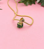 18K Gold Plated Present Box Pendant Necklace, Gold Green Cubic Zirconia Pendants, 7354