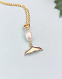 Gold Pearl Tail Charm Necklace, Mermail Whale Tail Beach Ocean Wedding Jewelry, N7324