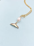 Gold Pearl Tail Charm Necklace, Mermail Whale Tail Beach Ocean Wedding Jewelry, N7324