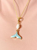 Gold Pearl Tail Charm Necklace, Blue Tail Beach Ocean Wedding Jewelry, N7325