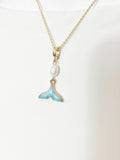 Gold Pearl Tail Charm Necklace, Blue Tail Beach Ocean Wedding Jewelry, N7325