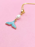 Gold Pearl Tail Charm Necklace, Blue Tail Beach Ocean Wedding Jewelry, N7325