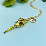 Gold Raven Bird Skull Necklace, Halloween Gothic Jewelry, N975