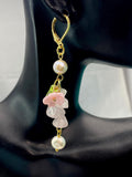 Gold Rose Quartz Pink Sakura Cherry Blossom Flower Charm Earrings, Natural Gemstone and Pearl, E7330