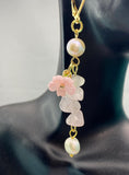 Gold Rose Quartz Pink Sakura Cherry Blossom Flower Charm Earrings, Natural Gemstone and Pearl, E7330