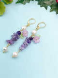 Gold Natural Amethyst Lilac Sakura Cherry Blossom Flower Charm Earrings, Natural Gemstone and Pearl, E7331