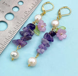 Gold Natural Amethyst Lilac Sakura Cherry Blossom Flower Charm Earrings, Natural Gemstone and Pearl, E7331