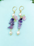 Gold Natural Amethyst Lilac Sakura Cherry Blossom Flower Charm Earrings, Natural Gemstone and Pearl, E7331