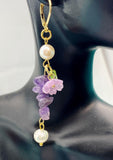 Gold Natural Amethyst Lilac Sakura Cherry Blossom Flower Charm Earrings, Natural Gemstone and Pearl, E7331
