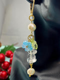 Gold Natural Quartz Blue Sakura Cherry Blossom Flower Charm Earrings, Natural Gemstone and Pearl, E7331