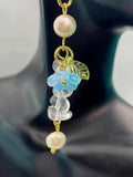 Gold Natural Quartz Blue Sakura Cherry Blossom Flower Charm Earrings, Natural Gemstone and Pearl, E7331