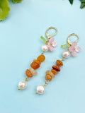 Gold Natural Carnelian Pink Sakura Cherry Blossom Flower Charm Earrings, Natural Gemstone and Pearl, E7333