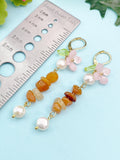 Gold Natural Carnelian Pink Sakura Cherry Blossom Flower Charm Earrings, Natural Gemstone and Pearl, E7333