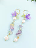 Gold Natural Fluorite Purple Sakura Cherry Blossom Flower Charm Earrings, Natural Gemstone and Pearl, E7334