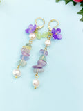 Gold Natural Fluorite Purple Sakura Cherry Blossom Flower Charm Earrings, Natural Gemstone and Pearl, E7334