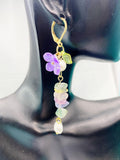 Gold Natural Fluorite Purple Sakura Cherry Blossom Flower Charm Earrings, Natural Gemstone and Pearl, E7334