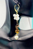 Gold Natural Tiger Eye White Sakura Cherry Blossom Flower Charm Earrings, Natural Gemstone and Pearl, E7335