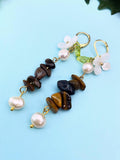 Gold Natural Tiger Eye White Sakura Cherry Blossom Flower Charm Earrings, Natural Gemstone and Pearl, E7335