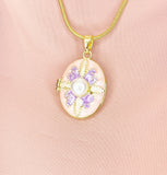 Gold Pearl Oval Purple Locket Necklace, 7341