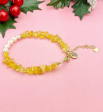 Natural Citrine Pearl Bracelet, Gold Natural Gemstone Jewelry, 7347