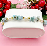 Natural Larimar Pearl Bracelet, Gold Natural Gemstone Jewelry, 7348