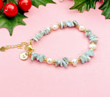 Natural Larimar Pearl Bracelet, Gold Natural Gemstone Jewelry, 7348